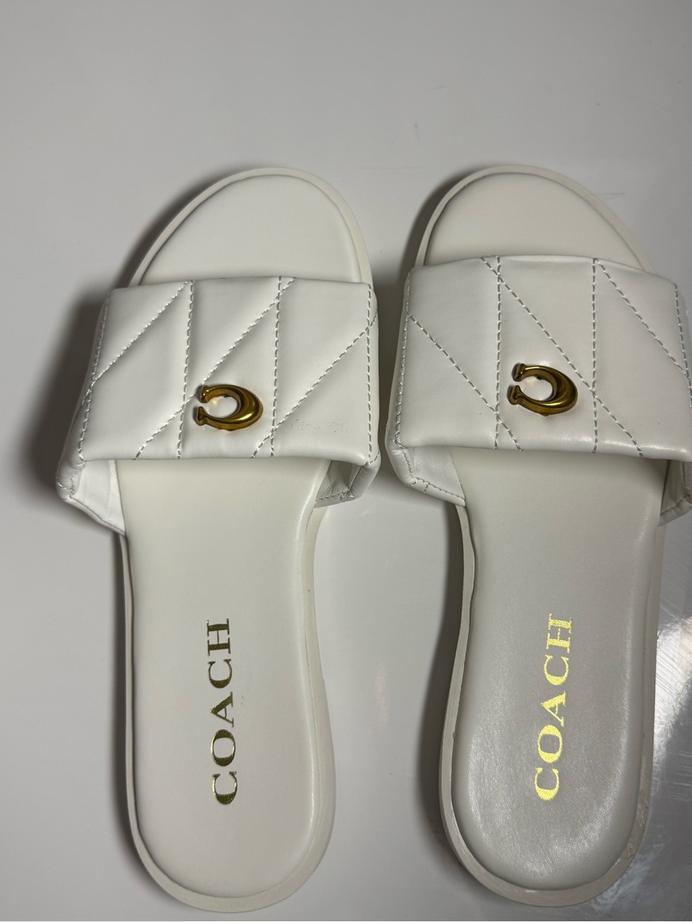 Coach White Quilted Slide Sandals with Gold Hardware
